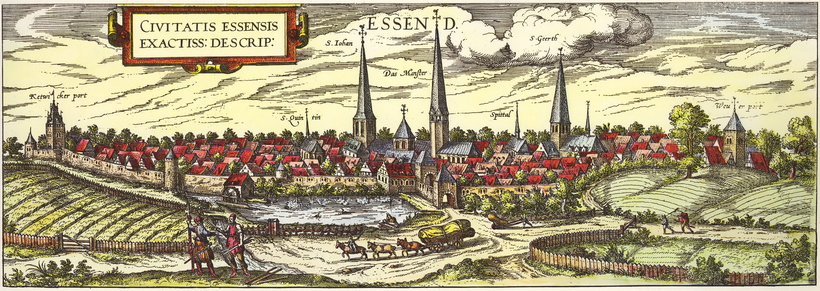 Ansicht Essens aus östlicher Richtung zwischen 1572 und 1618; links das Kettwiger und in der Mitte das Steeler Stadttor